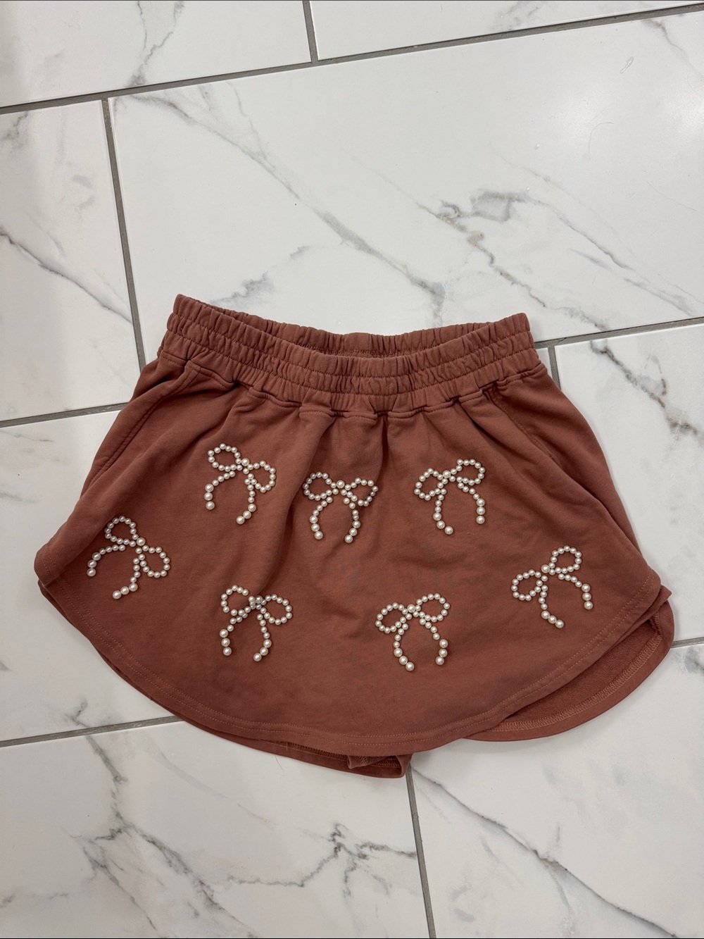 Peach Love California Rust Bow Pearl Appliqué Skort
